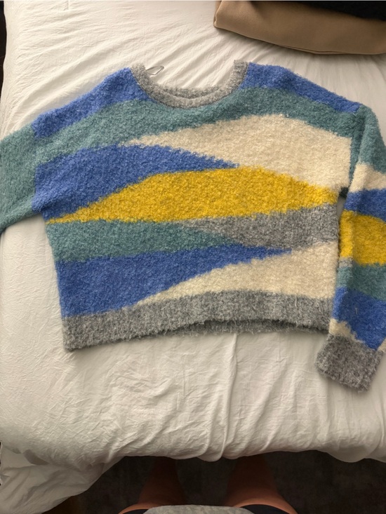 Sweaters - Cozy Multicolor Fuzzy Sweater - Blue, Yellow, Gray, Cream